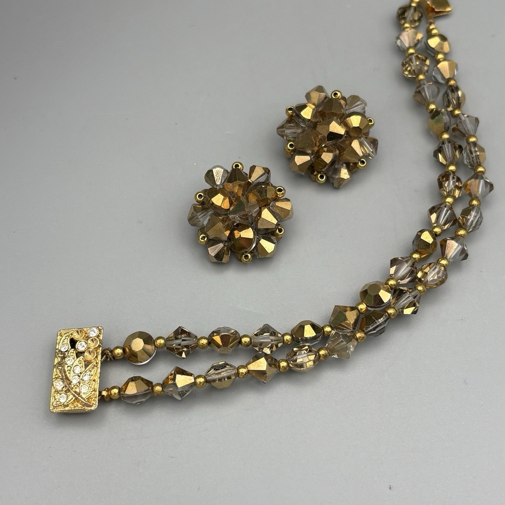 Vintage Gold Flashed Crystal Bracelet and Clip On Earring Set READ